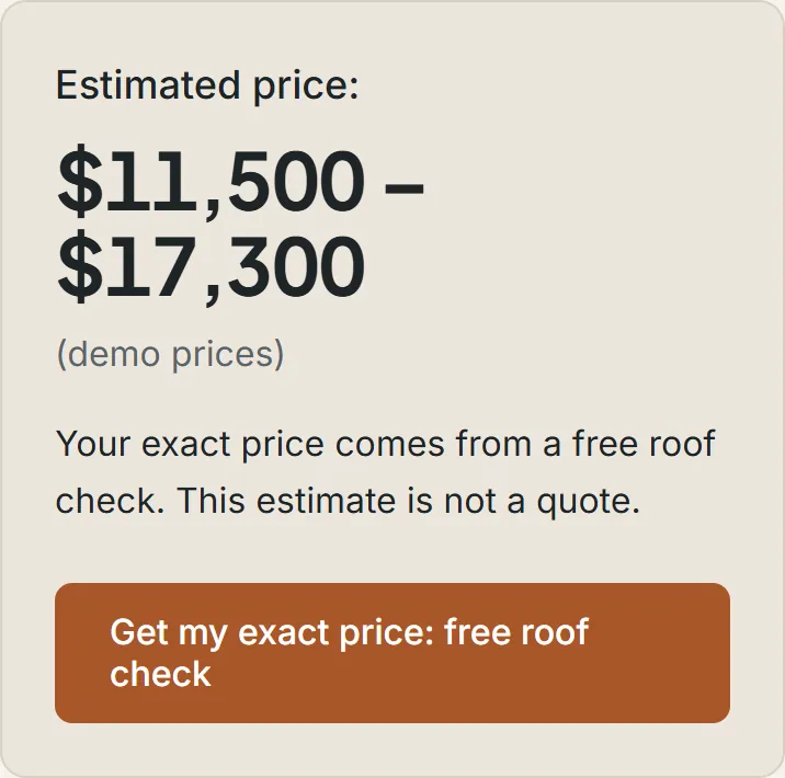 Estimated price of $11,500 to $17,300, labeled demo prices, with the note that the exact price comes from a free roof check, and a button: Get my exact price, free roof check.