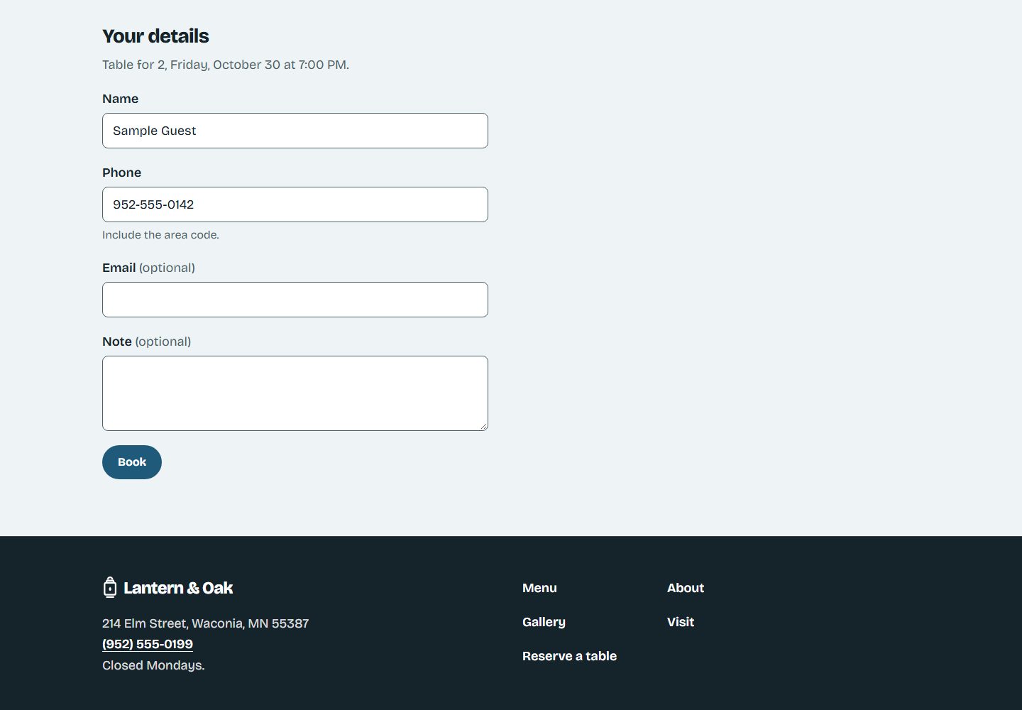 Guest details step with a sample name and a 555 phone number.