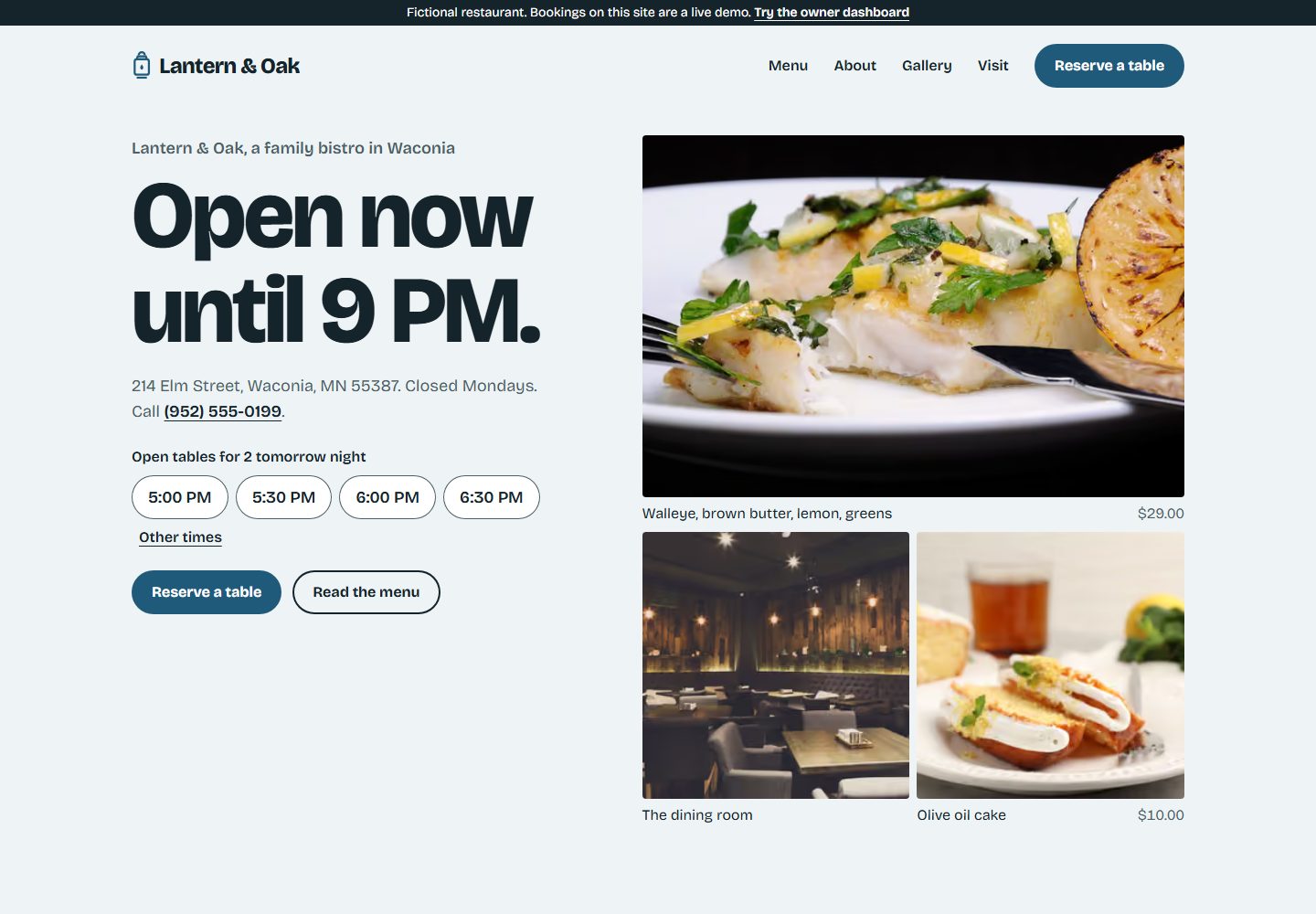 Guest homepage where a reservation starts, for the fictional restaurant used to demonstrate TableKeep.