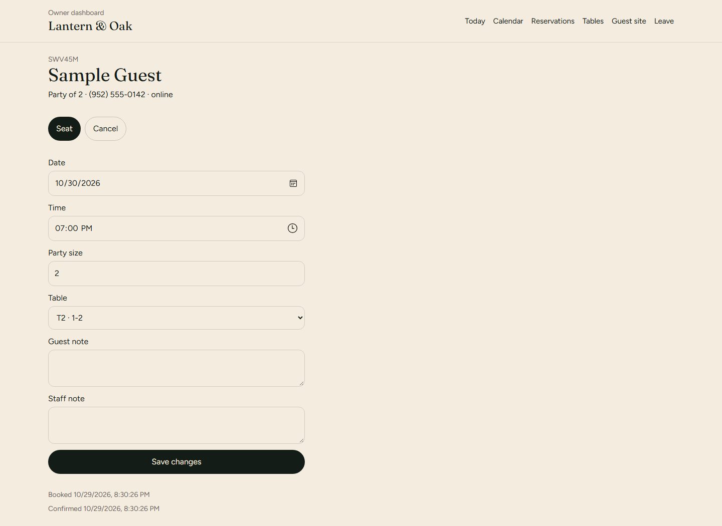 One sample reservation with its confirmation code, party size, and assigned table.