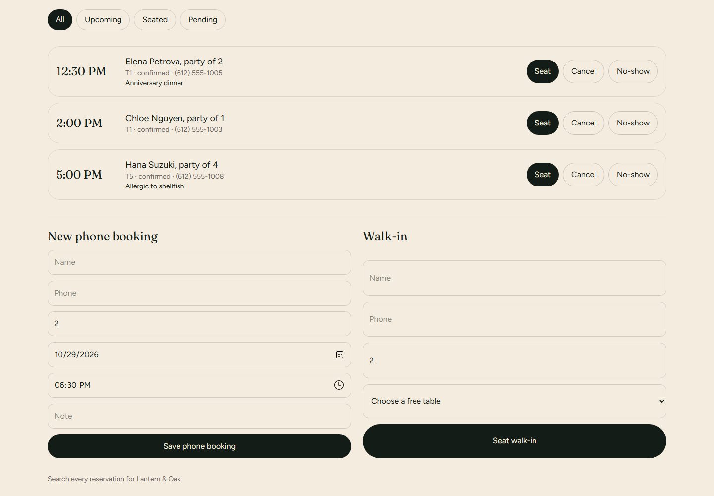 Phone booking and walk-in entry in the same dashboard workflow.