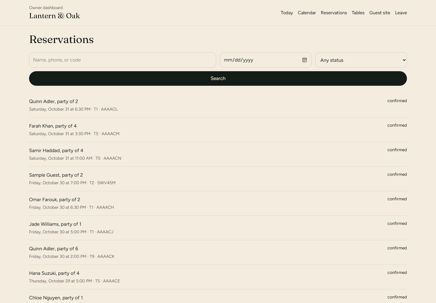 Searchable list of sample reservations with confirmation codes.